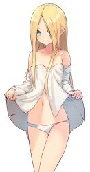 Rule 34 | 1girl, abigail williams (fate), blue eyes, blush, closed mouth, clothes lift, collarbone, commentary request, detached sleeves, dress shirt, eyes visible through hair, fate/grand order, fate (series), forehead, hair over one eye, highres, lifted by self, long sleeves, looking at viewer, navel, panties, parted bangs, shirt, shirt lift, simple background, sleeves past wrists, smile, solo, strapless, thigh gap, tota (sizukurubiks), underwear, white background, white panties, white shirt, white sleeves