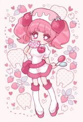 Rule 34 | 1girl, boots, breasts, candy, dress, food, food-themed hair ornament, fruit, hair ornament, heart, holding, holding candy, holding food, holding lollipop, knee boots, large breasts, licking, lollipop, milk (pop&#039;n music), nonokusu (no2xnox), pink eyes, pink hair, pink theme, pop&#039;n music, short twintails, signature, solo, strawberry, strawberry hair ornament, swirl lollipop, tooth, twintails, white dress, white footwear
