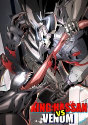 Rule 34 | 2boys, armor, black cloak, blood, character name, claws, cloak, crossover, eiri (eirri), eye contact, fate/grand order, fate (series), glowing, glowing eyes, holding, holding sword, holding weapon, horns, king hassan (fate), long tongue, looking at another, male focus, marvel, multiple boys, severed hand, sharp teeth, skull, slashing, spider-man (series), spikes, sword, symbiote, teeth, tongue, tongue grab, tongue out, venom (marvel), weapon