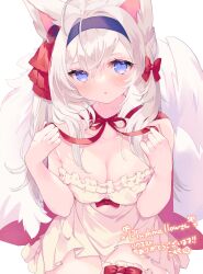 Rule 34 | 1girl, animal ear fluff, animal ears, bare shoulders, blue eyes, blush, bow, breasts, cleavage, commission, dress, fox ears, fox girl, fox tail, hair between eyes, hair bow, hairband, highres, komomo (2899), long hair, looking at viewer, medium breasts, original, parted lips, plushmallow (lyn), red bow, red ribbon, ribbon, signature, simple background, sitting, skeb commission, solo, tail, white background, white hair