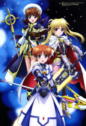 Rule 34 | 3girls, :d, absurdres, armor, bardiche (nanoha), bardiche (straight saber form) (nanoha), black gloves, black wings, blonde hair, blue eyes, blush, book, boots, brown hair, dress, elbow gloves, fate testarossa, fate testarossa (blaze form ii), faulds, fingerless gloves, gauntlets, gloves, hair ornament, hair ribbon, hashidate kana, hat, highres, jacket, juliet sleeves, long hair, long sleeves, looking at viewer, lyrical nanoha, magical girl, mahou shoujo lyrical nanoha the movie 3rd: reflection, megami magazine, multiple girls, multiple wings, official art, open mouth, outstretched hand, puffy sleeves, purple eyes, raising heart, raising heart (bustercanon mode), red eyes, ribbon, scan, schwertkreuz, short hair, short twintails, sidelocks, skirt, smile, staff, sword, takamachi nanoha, takamachi nanoha (exelion mode modified), tome of the night sky, twintails, weapon, wings, x hair ornament, yagami hayate