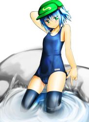 Rule 34 | 1girl, alternate costume, bad id, bad pixiv id, black thighhighs, blue hair, collarbone, female focus, green eyes, hair bobbles, hair ornament, hat, kawashiro nitori, ku-ba, one-piece swimsuit, partially submerged, school swimsuit, short hair, smile, solo, swimsuit, thighhighs, touhou, twintails, two side up, wading, water