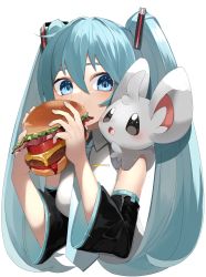 Rule 34 | 1girl, absurdres, bacon, blue eyes, blush, burger, cheese, collared shirt, commentary, creatures (company), crossover, detached sleeves, eating, eyelashes, food, game freak, gen 5 pokemon, hair between eyes, hair ornament, hatsune miku, highres, lettuce, long hair, minccino, necktie, nintendo, on shoulder, pokemon, pokemon (creature), pokemon on shoulder, reirou (chokoonnpu), shirt, sleeveless, sleeveless shirt, symbol-only commentary, tomato, twintails, vocaloid, white background