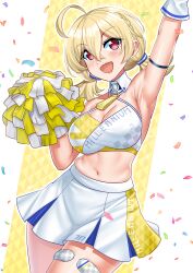 Rule 34 | 1girl, absurdres, ahoge, arm up, armpits, bare shoulders, blonde hair, blue archive, breasts, cheerleader, cleavage, confetti, cowboy shot, crop top, hair between eyes, highres, holding, holding pom poms, katou shinobu, kotori (blue archive), kotori (cheer squad) (blue archive), large breasts, midriff, millennium cheerleader outfit (blue archive), miniskirt, navel, official alternate costume, open mouth, pom pom (cheerleading), pom poms, presenting armpit, red eyes, short twintails, skirt, smile, solo, stomach, twintails
