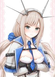Rule 34 | 1girl, between breasts, black gloves, blonde hair, blue eyes, blue necktie, blue ribbon, breasts, capelet, crossed arms, dress, gloves, grey capelet, grey dress, hair ribbon, headgear, highres, kantai collection, large breasts, long hair, maryland (kancolle), miyasutou, multicolored capelet, necktie, pleated dress, radar, radio antenna, ribbon, shirt, sleeveless, solo, strapless, strapless dress, white background, white shirt