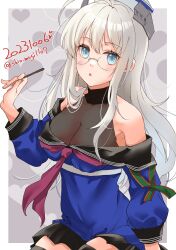 Rule 34 | 1girl, absurdres, adapted costume, ahoge, blue eyes, breasts, dated, food, glasses, grey hair, hat, heywood l. edwards (kancolle), heywood l. edwards kai (kancolle), highres, kantai collection, long hair, long sleeves, looking at viewer, medium breasts, neckerchief, off shoulder, pink neckerchief, pleated skirt, pocky, sailor collar, school uniform, serafuku, shiomugi (shio mugi1107), shirt, skirt, solo, twitter username, white hat