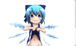 Rule 34 | 1girl, cirno, clothes lift, dress, dress lift, embodiment of scarlet devil, fake scrollbar, kusaba, kusaba (kusabashiki), lifting own clothes, no nose, no panties, out-of-frame censoring, solo, touhou
