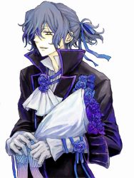Rule 34 | 00s, 1boy, bad id, bad pixiv id, black hair, blue flower, blue rose, bouquet, coat, flower, formal, gilbert nightray, gloves, hamayoshi, male focus, pandora hearts, rose, simple background, solo, trench coat, white background, yellow eyes