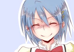 Rule 34 | 10s, 1girl, blue background, blue hair, bow, closed eyes, hair ornament, highres, mahou shoujo madoka magica, mahou shoujo madoka magica (anime), miki sayaka, school uniform, short hair, simple background, smile, solo, tlkwan, torchic255