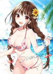 Rule 34 | 1girl, :d, bare arms, bare shoulders, beach, bikini, blue sky, blush, bow, braid, breasts, brown hair, cleavage, cloud, collarbone, cowboy shot, day, floral print, flower, hair bow, hair flower, hair ornament, hairclip, halterneck, highleg, highleg bikini, highres, horizon, large breasts, light rays, long hair, looking at viewer, low twintails, multicolored nails, nail polish, navel, ocean, open mouth, original, outdoors, palm leaf, print bikini, red eyes, ribbon, sidelocks, sky, smile, solo, sparkle, standing, stomach, sunbeam, sunflower, sunlight, swimsuit, thighs, twin braids, twintails, very long hair, water, white bikini, white flower, wrist ribbon, yellow flower, yon (letter)