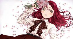Rule 34 | 1girl, alternate hairstyle, belt, bouquet, bow, bowtie, braid, brown eyes, brown skirt, collared shirt, flower, french braid, hair spread out, holding, holding bouquet, long hair, love live!, love live! school idol festival, love live! sunshine!!, lying, ojyomu, on back, open mouth, petals, puffy sleeves, red hair, sakurauchi riko, shirt, shirt tucked in, skirt, solo, white background, yellow eyes