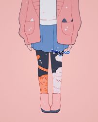 Rule 34 | 1girl, animal print, artist name, bad id, bad instagram id, blue skirt, boots, cat, cat print, head out of frame, highres, long sleeves, lower body, meyoco, orange cat, original, pantyhose, pink background, pink footwear, pleated skirt, pocket, rubber boots, shirt, simple background, skirt, solo, sparkle, white cat, white shirt