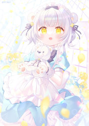 Rule 34 | 1girl, :d, animal ears, apron, bear ears, black ribbon, blue dress, commentary request, day, dress, fang, flower, frilled apron, frilled dress, frills, grey hair, hair flower, hair ornament, hair ribbon, highres, holding, holding stuffed toy, ikari (aor3507), indoors, maid headdress, multicolored hair, open mouth, original, petals, puffy short sleeves, puffy sleeves, ribbon, short sleeves, smile, solo, stuffed animal, stuffed toy, teddy bear, twitter username, two-tone hair, white apron, wrist cuffs, yellow eyes, yellow flower