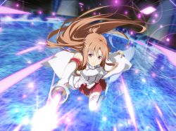 Rule 34 | 1girl, armor, asuna (sao), braid, breastplate, brown eyes, brown hair, closed mouth, detached sleeves, floating hair, french braid, frown, game cg, hair between eyes, long hair, long sleeves, miniskirt, pleated skirt, red skirt, running, skirt, solo, sword art online, sword art online: alicization, sword art online: alicization rising steel, sword art online: unleashed blading, thighhighs, very long hair, waist cape, white sleeves, white thighhighs, zettai ryouiki