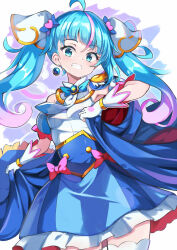 Rule 34 | 1girl, ahoge, asymmetrical clothes, blue cape, blue dress, blue eyes, blue hair, blue theme, cape, commentary request, cure sky, dress, earrings, eyelashes, gloves, gradient hair, hair ornament, happy, highres, hirogaru sky! precure, jewelry, light blue hair, long hair, looking at viewer, magical girl, multicolored hair, omochishiki, pink hair, precure, smile, solo, sora harewataru, standing, streaked hair, thighhighs, thighs, twintails, white gloves