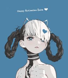 1girl animal_ears bambinata:_vitrum_(pgr) bambinata_(pgr) black_hair blue_background blue_eyes braid braided_hair_rings cat_ears commentary d.k english_commentary fake_animal_ears freckles hair_ornament hair_over_eyes hair_rings heart heart-shaped_pupils heart_hair_ornament long_hair mechabare multicolored_hair parted_lips punishing:_gray_raven solo symbol-shaped_pupils two-tone_hair white_hair