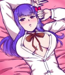 Rule 34 | 1girl, akairiot, bed sheet, blush, bow, breasts, breasts apart, commentary, fate/stay night, fate (series), heart, heart-shaped pupils, highres, large breasts, lying, matou sakura, no bra, on back, purple hair, red eyes, solo, symbol-shaped pupils, unbuttoned, unbuttoned shirt