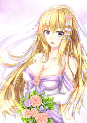 Rule 34 | 1girl, bare shoulders, blonde hair, blue eyes, bouquet, breasts, bridal veil, bride, dress, elbow gloves, flower, formal, gloves, highres, large breasts, long hair, looking at viewer, muwa12, neptune (series), smile, solo, strapless, strapless dress, veil, vert (neptunia), wedding, wedding dress, white dress, white gloves