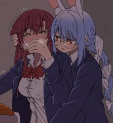 Rule 34 | 2girls, absurdres, animal ear fluff, animal ears, blouse, blue hair, bow, bowtie, braid, brown background, commentary request, covering own mouth, hand on another&#039;s head, heterochromia, highres, hololive, homura (hmr0222), houshou marine, implied fingering, long hair, multicolored hair, multiple girls, rabbit ears, red bow, red bowtie, red eyes, round eyewear, school uniform, shirt, simple background, thick eyebrows, twin braids, two-tone hair, usada pekora, virtual youtuber, white hair, white shirt, yellow eyes, yuri