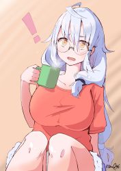 Rule 34 | !, 1girl, absurdres, alternate breast size, alternate costume, blush, breasts, commentary request, cup, gangut (kancolle), gradient background, hair between eyes, hair ornament, hairclip, highres, huge breasts, kantai collection, komb, long hair, orange eyes, pink shirt, ponytail, rimless eyewear, shirt, short shorts, shorts, side ponytail, silver hair, sitting, solo