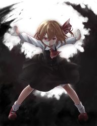 Rule 34 | 1girl, ascot, black skirt, black vest, blonde hair, bloomers, bobby socks, clenched teeth, darkness, full body, hair between eyes, hair ribbon, highres, kuro (baseball0000), long sleeves, looking at viewer, mary janes, outstretched arms, pointy ears, red eyes, red footwear, red ribbon, ribbon, rumia, shoes, short hair, skirt, socks, solo, spread arms, spread legs, teeth, touhou, underwear, vest, white socks