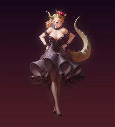 Rule 34 | 1girl, armlet, black collar, black dress, black nails, black pantyhose, blonde hair, blue eyes, borrowed design, bowsette, bracelet, breasts, brooch, cleavage, collar, crown, dress, earrings, fingernails, full body, gradient background, hands on own hips, high heels, horns, jewelry, large breasts, mario (series), nail polish, new super mario bros. u deluxe, nintendo, pantyhose, pointy ears, purple background, revision, sharp fingernails, sharp teeth, skirt, solo, spiked armlet, spiked bracelet, spiked collar, spiked shell, spiked tail, spikes, standing, strapless, strapless dress, super crown, tail, teeth, thighhighs, tsurime, turtle shell, white background