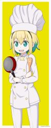 Rule 34 | 1girl, :d, amano pikamee, black hairband, blonde hair, chef, chef hat, crossed arms, frying pan, green eyes, green hair, hairband, hat, highres, holding, jacket, lagunazero, long sleeves, looking away, multicolored hair, open mouth, pants, sharp teeth, short hair, signature, smile, solo, spatula, standing, teeth, tomoe (amano pikamee), two-tone background, two-tone hair, virtual youtuber, voms, white background, white headwear, white jacket, white pants, yellow background