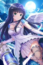 Rule 34 | 1girl, absurdres, alternative girls, armor, black hair, blue ribbon, blunt bangs, breasts, brooch, cleavage, cloud, detached sleeves, dress, dutch angle, feathered wings, feathers, fishnet thighhighs, fishnets, full moon, green eyes, hair ribbon, highres, hime cut, holding, jewelry, leg up, lens flare, long hair, medium breasts, moon, night, night sky, outdoors, pauldrons, pleated dress, ribbon, short dress, shoulder armor, sky, sleeveless, sleeveless dress, solo, sparkle, star (sky), starry sky, strapless, strapless dress, tendou machi, thighhighs, very long hair, white dress, white feathers, white wings, wings