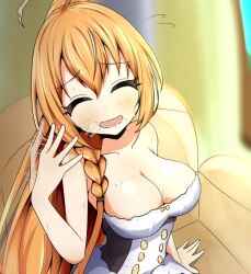 Rule 34 | 1girl, ahoge, baguhatena, bare shoulders, blurry, blurry background, blush, bow, braid, breasts, breath, chair, cleavage, closed eyes, collarbone, commentary, eyelashes, fanning, fanning face, fanning self, hair between eyes, large breasts, long hair, nervous smile, on chair, open mouth, orange hair, pecorine (princess connect!), princess connect!, sidelocks, sitting, sleeveless, smile, sweat, upper body