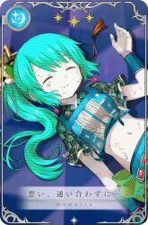 Rule 34 | 1girl, aqua hair, bear hair ornament, belt, black shirt, blue background, blue skirt, bow, bracer, card (medium), checkered clothes, checkered shirt, closed eyes, cowboy shot, cropped shirt, defeat, dirty, dirty face, dot nose, earrings, floating earring, game cg, gem, green bow, green shirt, hair ornament, hand up, jewelry, long hair, lying, magia record: mahou shoujo madoka magica gaiden, magical girl, mahou shoujo madoka magica, midriff, navel, official art, on back, pale skin, parted lips, picture frame, pleated sleeves, punyan, red gemstone, shirt, short sleeves, side ponytail, skirt, solo, star (symbol), tassel, teeth, tile floor, tiles, translated, two-tone shirt, uwasa no tsuruno, vest, waist bow, white vest, yui tsuruno