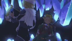 Rule 34 | 1boy, 1girl, backlighting, bandaged arm, bandages, belt, blonde hair, blue bodysuit, bodysuit, brown belt, brown gloves, closed eyes, commentary request, crystal, dark background, facing viewer, fingerless gloves, from behind, gloves, green hat, green tunic, harp, hat, highres, holding ocarina, instrument, link, master sword, music, nintendo, ocarina, playing instrument, pointy ears, scarf, sheath, sheathed, sheik, short hair, shoulder belt, standing, sword, the legend of zelda, the legend of zelda: ocarina of time, weapon, weapon on back, white background, white scarf, yamori (yamoooon21)