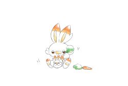 Rule 34 | brown eyes, carrot, commentary request, creatures (company), fang, game freak, gen 8 pokemon, highres, holding, holding carrot, nao me mo, nintendo, pokemon, pokemon (creature), scorbunny, simple background, solo, standing, toes, white background