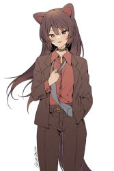 Rule 34 | 1girl, absurdres, alternate hairstyle, animal ears, blush, brown hair, choker, dog ears, dog girl, dog tail, fang, fang out, formal, heterochromia, highres, inui toko, long hair, necktie, nijisanji, pant suit, pants, shigure (sigre), solo, suit, tail, virtual youtuber, white background