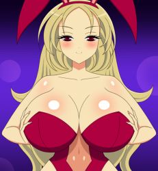 Rule 34 | 10s, 1girl, akiranime, animal costume, animal ears, animated, animated gif, bare shoulders, blonde hair, blush, breast focus, grabbing another&#039;s breast, breast massage, breast press, breasts, breasts squeezed together, bursting breasts, cleavage, close-up, collarbone, curvy, fake animal ears, female focus, fingernails, grabbing, hands on own chest, huge breasts, leotard, long hair, looking at viewer, nail polish, pink nails, playboy bunny, purple background, rabbit ears, rabbit girl, red eyes, red leotard, senran kagura, shiki (senran kagura), shiny skin, solo, very long hair