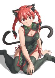 Rule 34 | 1girl, adapted costume, animal ears, black dress, black thighhighs, braid, breasts, cat ears, cat tail, china dress, chinese clothes, dress, extra ears, fingernails, gyouza (mhea5724), highres, kaenbyou rin, long hair, looking at viewer, medium breasts, multiple tails, open mouth, pointy ears, red eyes, red hair, simple background, sitting, solo, tail, thighhighs, touhou, twin braids, two tails, wariza, white background