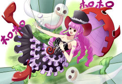 Rule 34 | 1girl, :d, arm tattoo, bad id, bad pixiv id, bare shoulders, bat tattoo, black dress, black eyes, black hat, boots, breasts, cleavage, column, commentary request, dress, drill hair, floating, flower, frilled dress, frills, ghost, hat, hat flower, high heel boots, high heels, highres, holding, holding umbrella, iori (ripimaru874), large breasts, lipstick, long hair, makeup, one piece, open mouth, perona, pillar, pink hair, red footwear, red lips, red umbrella, rose, sleeveless, sleeveless dress, smile, solo, strapless, strapless dress, tattoo, umbrella, watch, white flower, white rose, wristwatch