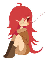 Rule 34 | 1girl, eyepatch, female focus, flaky (happy tree friends), full body, hair ornament, hairclip, happy tree friends, long hair, red eyes, red hair, simple background, solo, thighhighs, white background