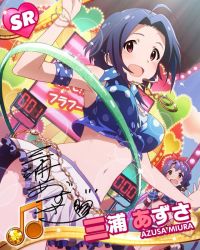 Rule 34 | 10s, 2girls, :d, ahoge, beamed quavers, blue hair, blush, bracelet, breasts, card (medium), character name, crop top, crop top overhang, front-tie top, headset, hoop, hula hoop, idolmaster, idolmaster (classic), idolmaster million live!, jewelry, lens flare, looking at viewer, midriff, miura azusa, multiple girls, musical note, navel, necklace, official art, open mouth, red eyes, shirt, short hair, skirt, smile, tied shirt, toyokawa fuka