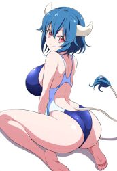 Rule 34 | 1girl, ass, barefoot, blue hair, blush, breasts, closed mouth, competition swimsuit, cow girl, cow horns, cow tail, highres, horns, jashin-chan dropkick, large breasts, looking at viewer, looking back, minos (jashin-chan dropkick), one-piece swimsuit, red eyes, short hair, shoulder blades, smile, soles, solo, swimsuit, tail