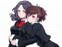 Rule 34 | 2girls, blush, bow, bowtie, breasts, brown hair, closed mouth, gekkoukan high school uniform, hair ornament, hairclip, hasegawa saori, hug, hug from behind, long sleeves, medium breasts, multiple girls, parted lips, persona, persona 3, persona 3 portable, purple eyes, red bow, red bowtie, red eyes, school uniform, shiomi kotone, simple background, smile, uxco0
