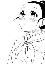 Rule 34 | 1girl, black eyes, black hair, blush, chi-chi (dragon ball), chinese clothes, dragon ball, dragonball z, earrings, expressionless, fukuko fuku, greyscale, jewelry, looking away, monochrome, simple background, solo, solo focus, white background