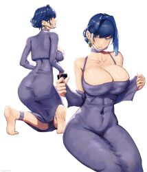 Rule 34 | 1girl, absurdres, alternate costume, alternate hairstyle, ass, barefoot, black hair, blue eyes, blunt bangs, breasts, bursting breasts, choker, cleavage, clothes pull, commentary, covered navel, cropped jacket, dongtan dress, dress, earrings, erasorpepero, grey choker, grey dress, hair intakes, highres, hololive, hololive english, impossible clothes, impossible dress, invisible chair, jacket, jacket partially removed, jacket pull, jewelry, large breasts, long sleeves, looking at viewer, mask, mask pull, medium dress, medium hair, meme attire, mouth mask, multiple views, open clothes, open jacket, ouro kronii, paid reward available, pencil dress, pulled by self, seductive smile, short hair, simple background, sitting, skin tight, sleeveless, sleeveless dress, smile, solo, virtual youtuber, white background