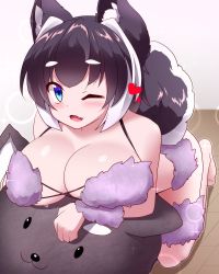 Rule 34 | 1girl, animal ears, black hair, blue eyes, blush, breast rest, breasts, cleavage, cosplay, dog ears, dog girl, dog tail, eyebrows, fang, huge breasts, kiyomi-chan (sivamaron), kneeling, looking at viewer, mash kyrielight, mash kyrielight (dangerous beast), mash kyrielight (dangerous beast) (cosplay), multicolored hair, official alternate costume, on floor, one eye closed, open mouth, original, short hair, sivamaron, solo, sparkle, stuffed animal, stuffed toy, tail, thick eyebrows, white hair, wink, wooden floor