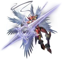 Rule 34 | armor, digimon, digimon (creature), digimon new century, dukemon, dukemon crimson mode, looking at viewer, official art, simple background, white background, wings