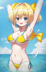 Rule 34 | 1girl, armpits, arms up, bikini, blonde hair, blue eyes, blue hair, blue sky, bombergirl, bow, breasts, chaleu, cleavage, cloud, colored tips, fuse tail, grenade hair ornament, groin, highres, horizon, large breasts, looking at viewer, multicolored hair, navel, ocean, outdoors, partially submerged, pine (bombergirl), side-tie bikini bottom, sky, solo, standing, swimsuit, tail, tail bow, tail ornament, two-tone hair, yellow bikini, yellow bow, yellow pupils
