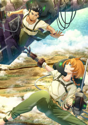 Rule 34 | 1boy, 1girl, absurdres, bad leg, black hair, blue eyes, braid, braided ponytail, clenched hand, decadence (anime), green pants, highres, holding, holding weapon, kaburagi (decadence), midair, military, military vehicle, motor vehicle, natsume (decadence), orange hair, outdoors, outstretched arm, outstretched hand, pants, prosthesis, prosthetic arm, scar, shirt, short hair, smile, tank, weapon, white shirt, wristband, zephx