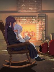 Rule 34 | 1boy, 2girls, black coat, black hair, black robe, blunt bangs, book, capelet, chair, coat, collar, commentary request, elf, fern (sousou no frieren), fire, fireplace, fireplace tool stand, firewood, frieren, frilled collar, frills, green eyes, holding, holding book, long hair, multicolored hair, multiple girls, on floor, pointy ears, purple hair, reading, red hair, robe, rocking chair, ryusei hashida, sitting, sitting on lap, sitting on person, sousou no frieren, stark (sousou no frieren), straight hair, twintails, two-tone hair, white capelet, white hair