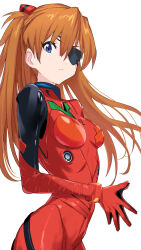 Rule 34 | 1girl, blue eyes, bodysuit, breasts, brown hair, evangelion: 3.0+1.0 thrice upon a time, evangelion: 3.0 you can (not) redo, eyelashes, eyepatch, green322, hair between eyes, hairpods, hand on own hip, highres, long hair, looking at viewer, medium breasts, neon genesis evangelion, plugsuit, rebuild of evangelion, red bodysuit, shiny clothes, skin tight, souryuu asuka langley, standing, tsundere, twitter, two side up, very long hair, white background, wide hips