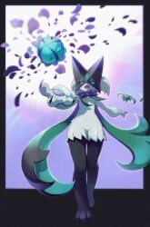 Rule 34 | alternate color, black mask, claws, creatures (company), fang, flaw eight, flower, full body, game freak, green scarf, hand up, highres, meowscarada, nintendo, open mouth, petals, pokemon, pokemon (creature), purple eyes, purple flower, scarf, shiny pokemon, standing