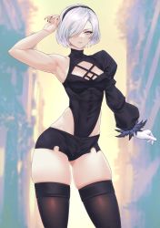 Rule 34 | 1girl, 2b (nier:automata), arm up, armpits, artist name, black hairband, black leotard, black nails, black shorts, black thighhighs, blue eyes, breasts, chest cutout, clothing cutout, contrapposto, covered abs, covered navel, feather-trimmed sleeves, gabriel carrasquillo, gloves, gluteal fold, hair over one eye, hairband, heattech leotard, highres, juliet sleeves, leotard, long sleeves, looking at viewer, nail polish, nier:automata, nier (series), parted lips, puffy sleeves, short hair, short shorts, shorts, single bare arm, single bare shoulder, skindentation, small breasts, solo, swept bangs, thick thighs, thighhighs, thighs, toned, turtleneck, white gloves, white hair
